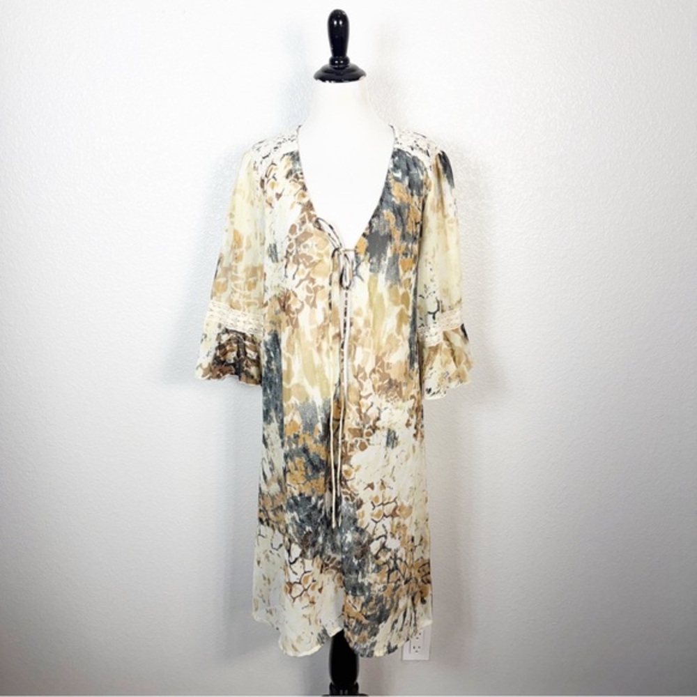 Take Two Y2K Vintage Size L Boho Tie Front Sheer‎ Kimono Top Crochet Accents